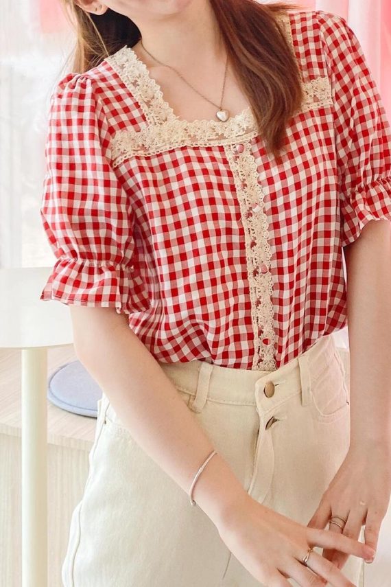 Gingham Lace Top