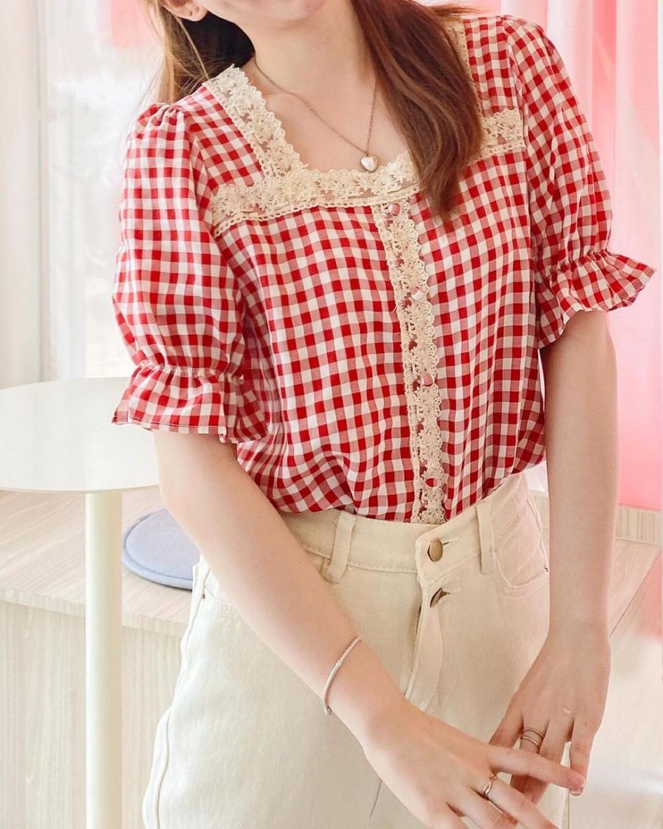 Gingham Lace Top