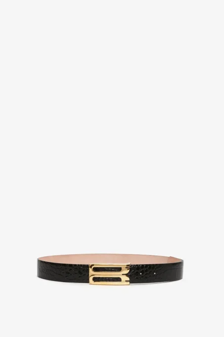 Jumbo Frame Belt In Black Croc-Effect Leather